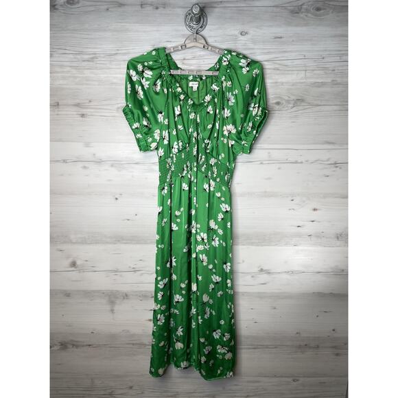 On 34th Dress Womens 3X Green Floral Maxi Puff Sleeve Smocked Waist Lined V Neck - Picture 1 of 10
